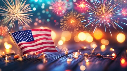 American flag with vibrant fireworks celebrating independence day