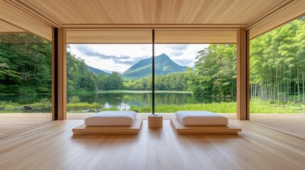 Serene Japanese Interior with Minimalist Decor, Tranquil Lake View, Bamboo Forest, Mountain Background, Natural Light in Modern Architecture