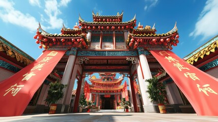 Fototapeta premium Beautiful Asian Temple Entrance with Red Lanterns, Blue Sky and Colorful Decorations Emphasizing Traditional Architecture and Cultural Heritage