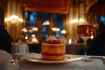 Fototapeta premium delightful fine dining dessert featuring layered cake topped with fresh berries and cream, paired with sparkling drink