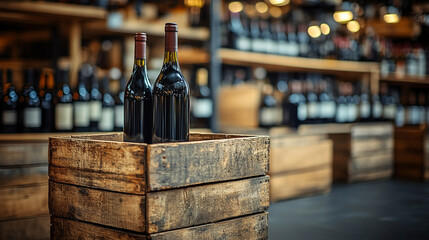 A collection of wine bottles arranged in rustic wooden cases, with a blurred effect evoking themes of chaos, indulgence, and fleeting moments. Symbolizes choice, celebration, and the passage of time.
