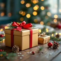 Christmas gifts, gold wrapping paper, red ribbon bows