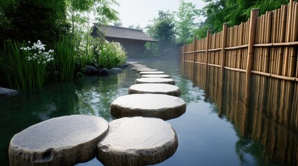 Tranquil Stone Pathway Over Water Surrounded by Lush Greenery, Bamboo Fencing, and a Traditional Japanese House in a Serene Garden Setting
