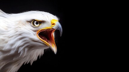 Fototapeta premium A fierce bald eagle with its beak open, showcasing its sharp features and intense gaze against a dark background.