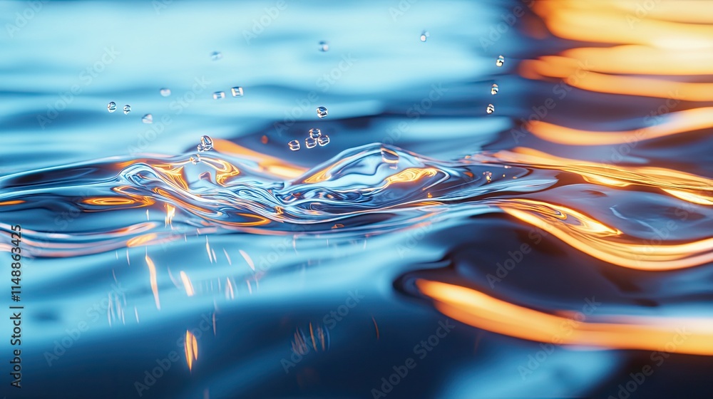 Poster captivating close-up of water droplets splashing on a colorful surface with dynamic reflections of l