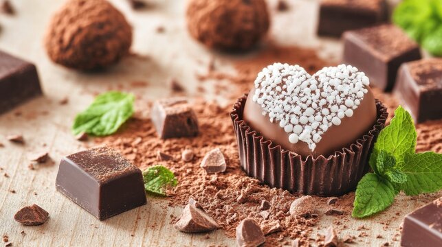 Heart-shaped chocolate dessert with cocoa and mint on wooden surface