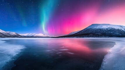 Fototapeta premium Stunning Aurora Borealis Display Over Snowy Landscape and Frozen Lake in Majestic Mountain Range During Winter Night Sky