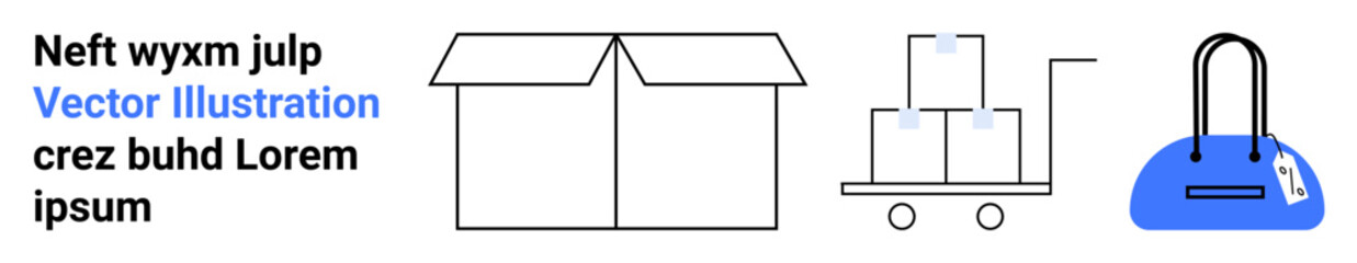 Open cardboard box, trolley with stacked parcels, and handbag with tag. Ideal for online shopping, delivery services, e-commerce platforms, shipping logistics, warehousing packaging retail. Landing