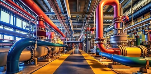 A photo of the interior of an industrial plant, showing large pipes and machinery in use for energy production or food processing