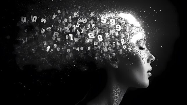 Numbers coming out of a person's head, representing creative and analytical thinking