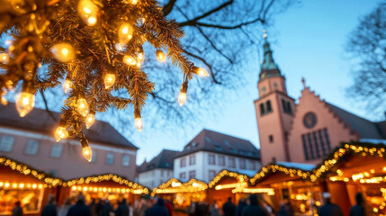 Naklejka premium festive market square adorned with twinkling lights and holiday cheer