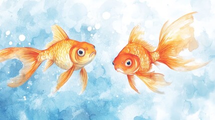 Fototapeta premium Two Goldfish Watercolor Painting - Aquatic serenity, vibrant colors, graceful movement, gentle interaction, peaceful coexistence.