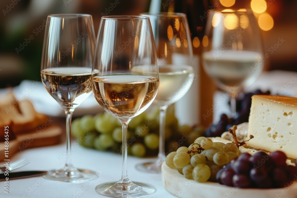 Poster elegant table setting with wine glasses and cheese platter for a cozy gathering at dusk. generative 