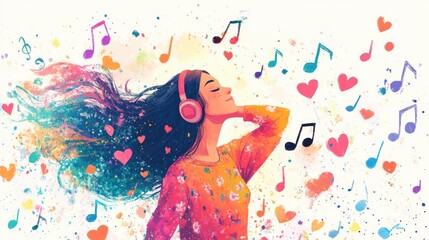 Young woman enjoying music with headphones in a colorful abstract background