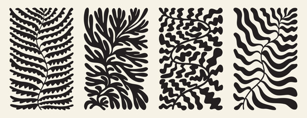 abstract organic shapes pattern drawing poster. Linocut contemporary print. Matisse pattern style. Nature floral modern print black color.