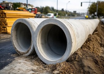 A photograph of large concrete pipes used for water and sewerage systems, lined up in rows on the side of a highway under construction.