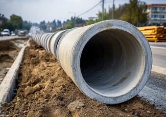 A photograph of large concrete pipes used for water and sewerage systems, lined up in rows on the side of a highway under construction.