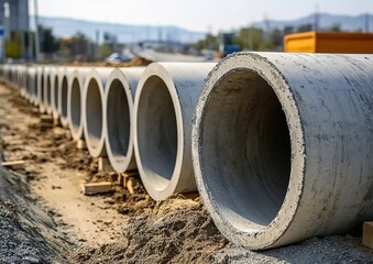 A photograph of large concrete pipes used for water and sewerage systems, lined up in rows on the side of a highway under construction.