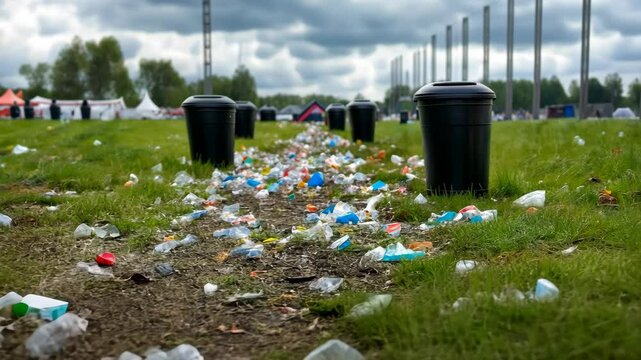 Plastic waste polluting a lush grass field near a trash can, emphasizing the environmental impact following a public event festival ground, overflowing garbage bins and volunteers cleaning up