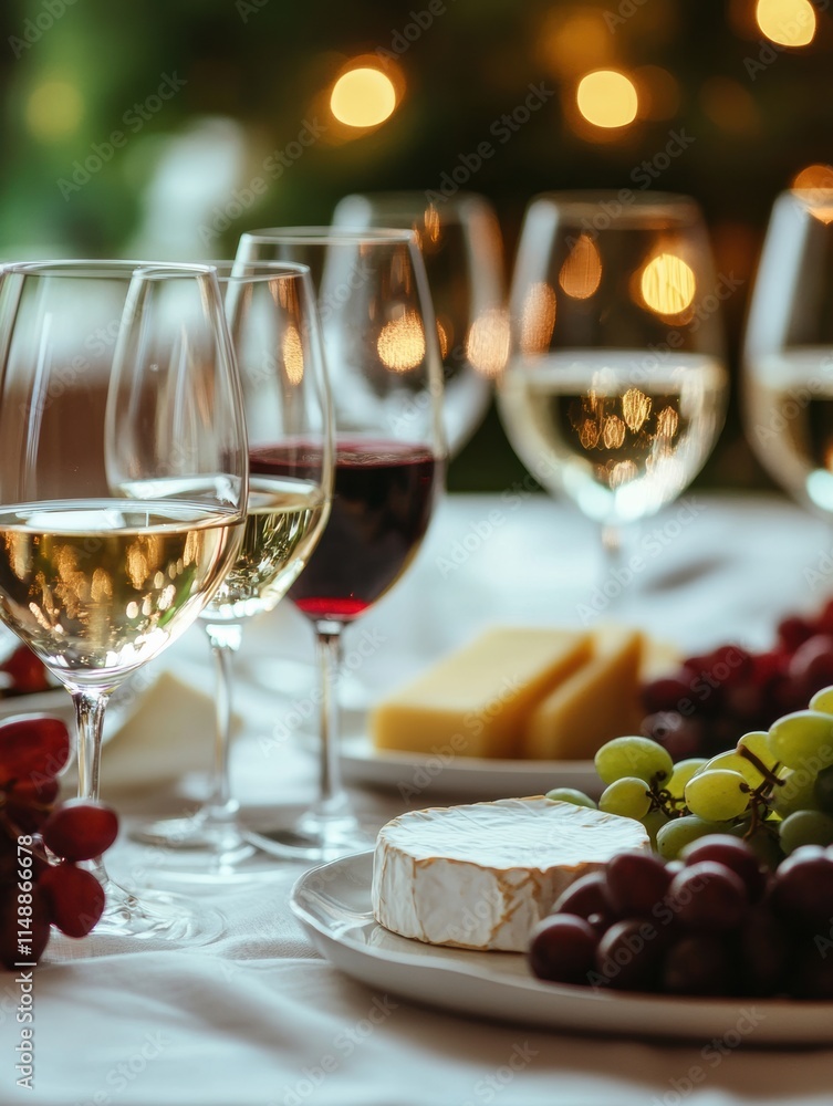 Aufkleber elegant dining setup with cheese platter and assorted wine glasses for a delightful evening gatherin