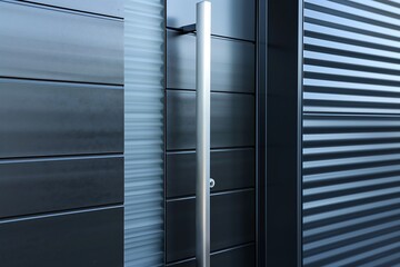 Obraz premium A sleek black metal door featuring horizontal grooves and a frosted glass panel running vertically down one side, accented with a long, thin, brushed aluminum handle