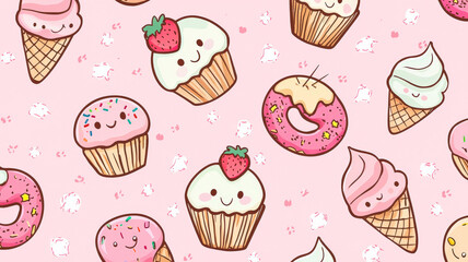 A pastel pink background featuring kawaii-style smiling cupcakes, donuts, and ice cream cones, creating an adorable and fun atmosphere, perfect for sweet-themed content or children’s designs.
