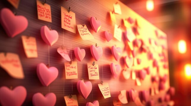 Pink heart notes on wall with soft ambient lighting and inspirational messages. The 14th of February. Happy Valentine's Day