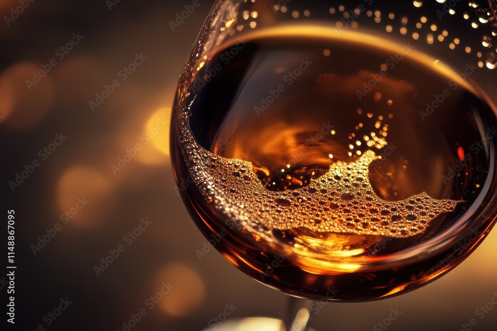 Poster bubbles and reflections in a glass of sparkling beverage at sunset with warm light effects. generati