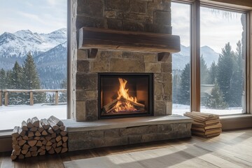 Cozy winter cabin ambiance. Warm fireplace crackles in mountain lodge. Snow-dusted windows show scenic wintery landscape. Rustic charm, tranquil atmosphere perfect for peaceful retreat. Wood