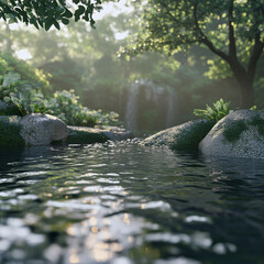 Fototapeta premium serene landscape featuring tranquil water body surrounded by lush greenery, rocks, and gentle waterfall