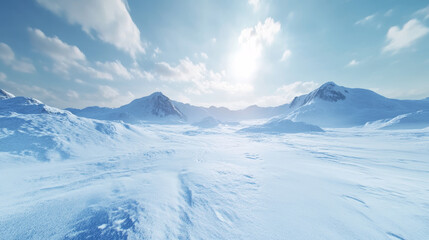 "Wide panoramic winter scene featuring a snowy ground with natural textures and wind-sculpted patterns on the snow's surface, evoking the serene beauty of the Arctic or polar regions."
