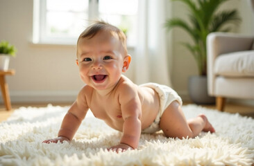 Portrait of cute baby crawling on carpet at home. Adorable infant child having fun and smiling.