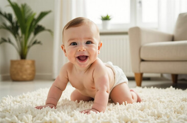 Cute little baby girl crawling on carpet at home, copy space