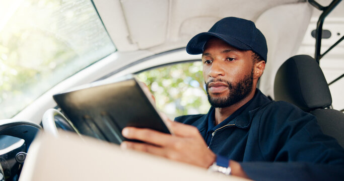Courier, delivery and man with tablet in van for checking customer address, online order checklist or inventory. Logistics, transport and black person with digital app for package location or service