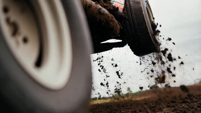 Sports car wheelie, raised rear tires spinning and mud splashing. Slowmotion 4k video.