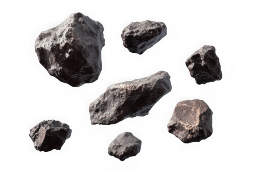 Asteroids swarm of boulders or stone meteorite isolated on transparent png background, flying rock in the space.
