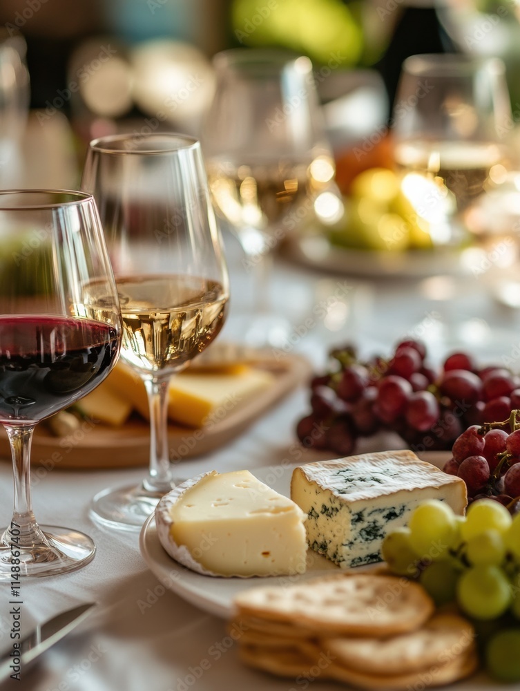 Poster elegant table setting with wine glasses, cheese platter, and fresh grapes for a delightful gathering
