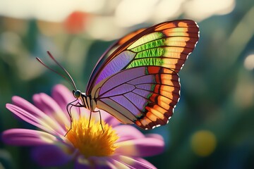 Fototapeta premium A butterfly with dazzling purple, green, and orange wings fluttering above a multi-colored flower, each petal and wing detail captured in ultra HD.