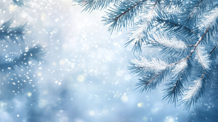 Obraz premium A winter background featuring frost-covered branches in a forest, with soft snowfall gently falling. The branches are delicately frosted with a layer of snow, creating a serene and peaceful atmosphere