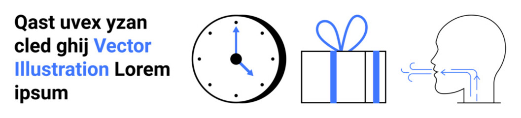 Clock showing time, gift box with ribbon, and human head exhaling smoke. Ideal for time management, celebration, breathing, gift-giving, relaxation placeholder text usage and concept art. Landing