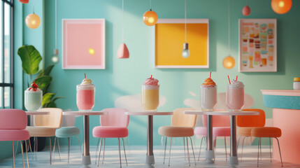 Fototapeta premium Colorful milkshakes in vibrant cafe with pastel decor and playful lighting