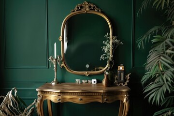Vintage gold dressing table with mirror and tr hide, against dark green wall. Vintage style wooden vanity for women interior design of bedroom