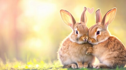 Fototapeta premium Adorable pair of bunnies cuddling in sunlit meadow. The 14th of February. Happy Valentine's Day