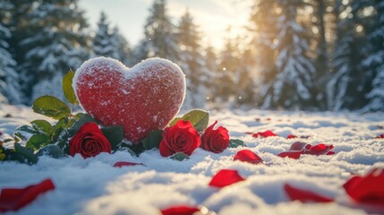 Fototapeta premium Heart-shaped rose arrangement in snowy winter forest scene under sunlit sky. The 14th of February. Happy Valentine's Day