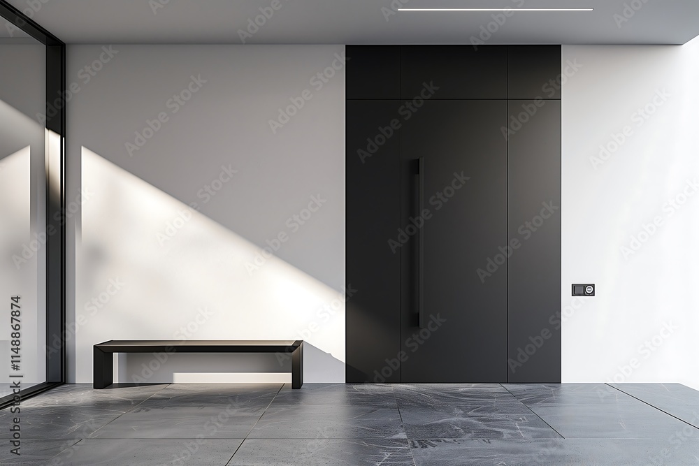Poster a solid matte black door with an offset rectangular window, providing a peek-through effect, paired 