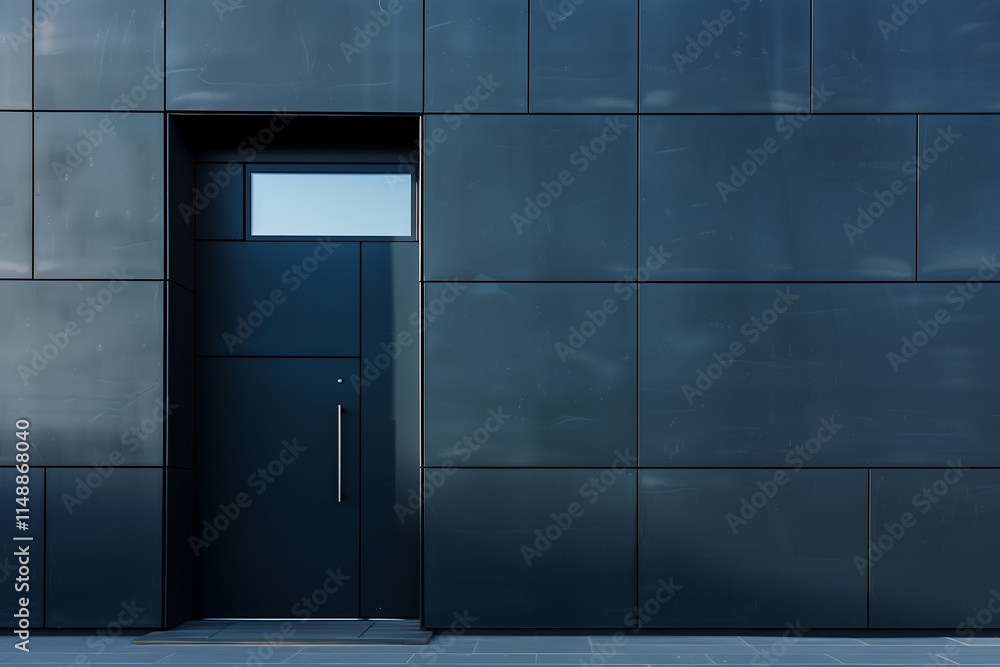 Poster a solid matte black door with an offset rectangular window, providing a peek-through effect, paired 