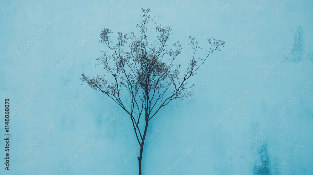 Poster minimalistic chaos on a vibrant blue background, blending symbolism of tranquility and disorder. a p