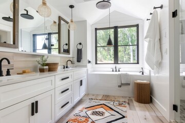 Fototapeta premium white bathroom with double vanity, black accents and wood floors, white cabinets, large mirror over sink on left side of the room, freestanding tub in corner