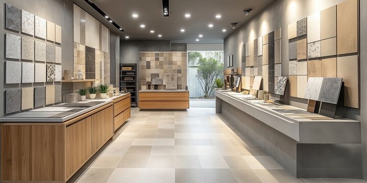 Modern kitchen, bathroom tiles showroom displays various flooring, wall tiling options. Different tile types, colors presented for home renovation projects. Wooden cabinets, countertops on display.
