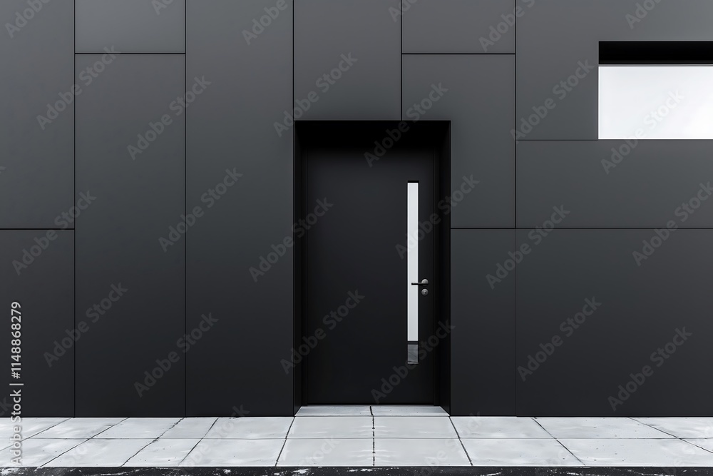 Poster a solid matte black door with an offset rectangular window, providing a peek-through effect, paired 